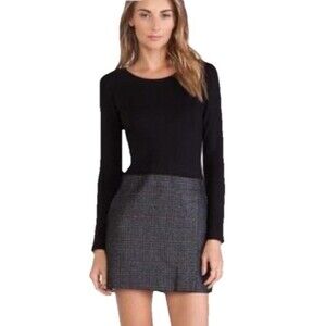 Theory Womens Wool Bowmont Tweed Dress Long Sleeve Drop Waist‎ Plaid Black 4
